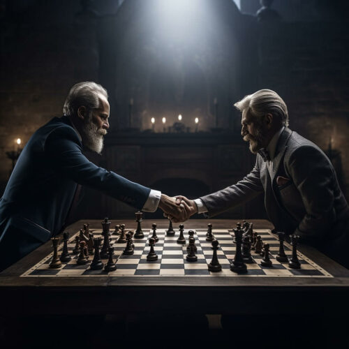 A classic chessboard setup with two players on opposite ends, both showing a gesture of respect, like a nod or handshak