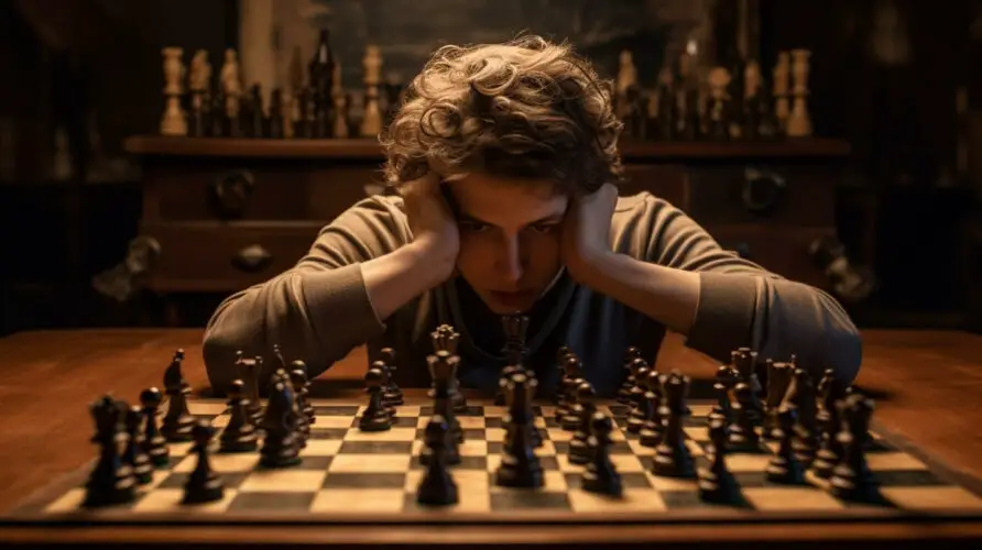 Image of a person deeply engrossed in a chess game, playing both sides of the board