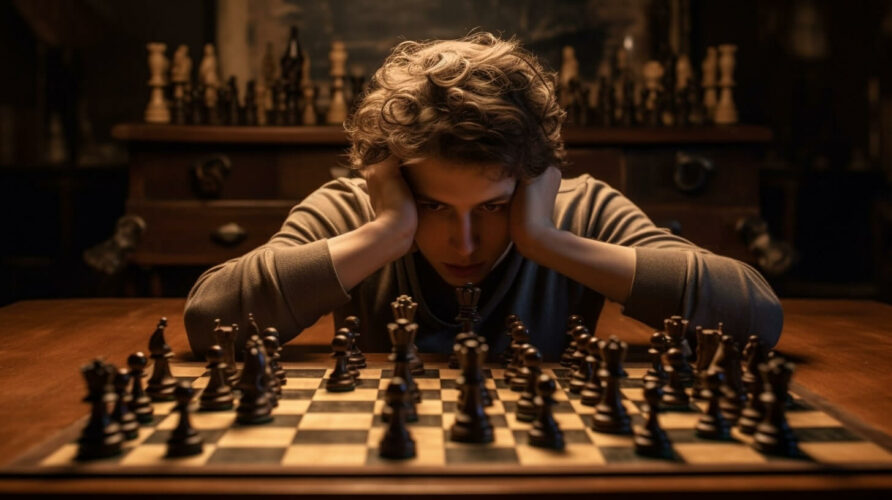 Image of a person deeply engrossed in a chess game, playing both sides of the board