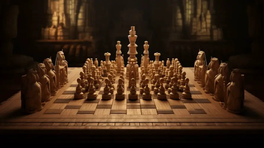 vintage-looking chessboard with pieces resembling ancient chess sets, showcasing the king and rook in the midst of castling