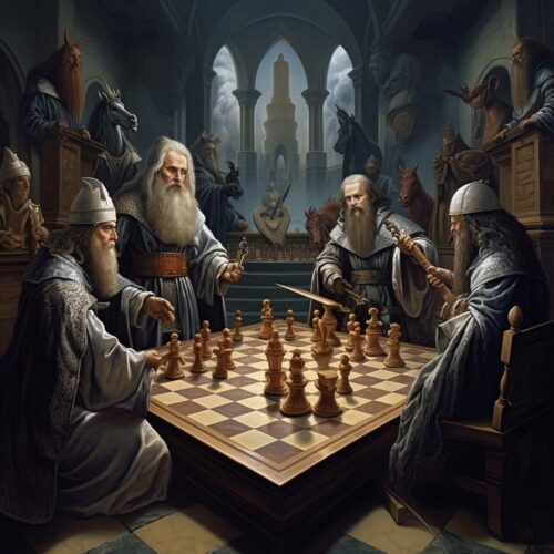 Art - People siting on chess table playing en passant