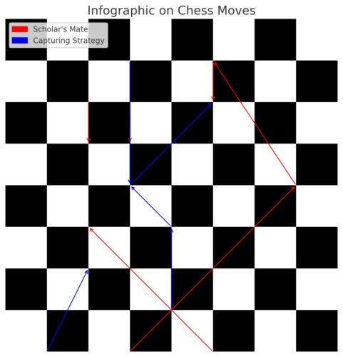infographic visualizing the moves for both the Scholar's Mate (in red) and the Capturing Strategy (in blue)