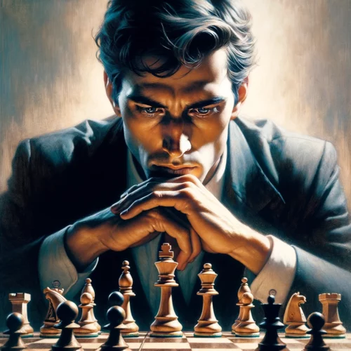 chess player deeply engrossed in thought, symbolizing the strategic contemplation and planning that goes into advanced chess play